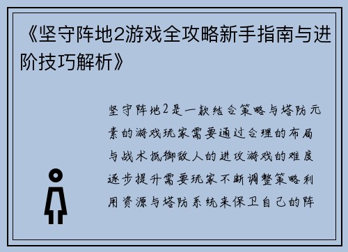 《坚守阵地2游戏全攻略新手指南与进阶技巧解析》